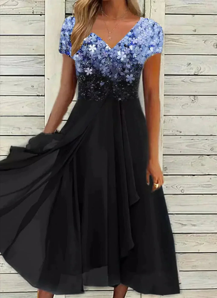 Women's Elegant Dress - V-Neck Floral Bodice - Short Sleeve A-Line Flowing Fit
