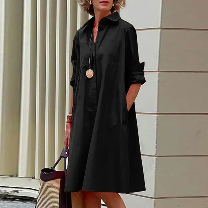 Women's A-Line Shirt Dress - Button Down - Long Sleeve - Classic Collar - Knee Length