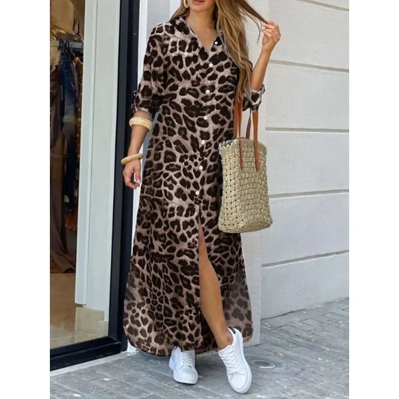 Women's Long Button-Down Dress - Leopard Print - Collared - Flowing Fit - Front Slit