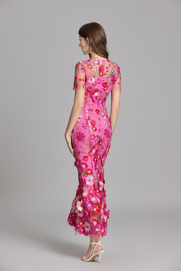 Women’s Maxi Dress – Fitted Silhouette – Embroidered Mesh – Sheer High Neckline