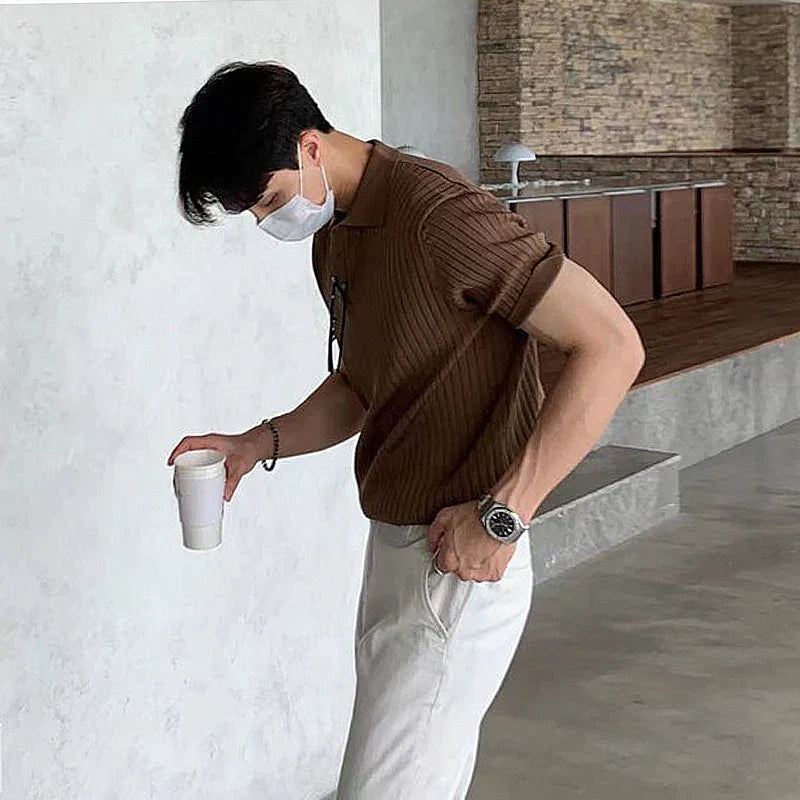 Men’s Polo Shirt - Slim Fit - Ribbed Soft Knit - Short Sleeve Smart Casual Style