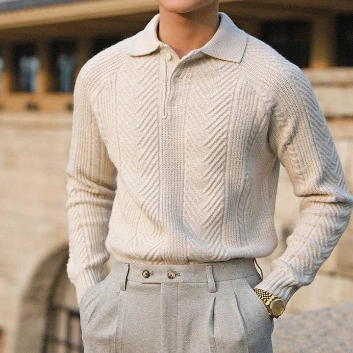 Men’s Knitted Sweater – Slim Fit – Cable Knit – Polo Collar – Long Sleeve