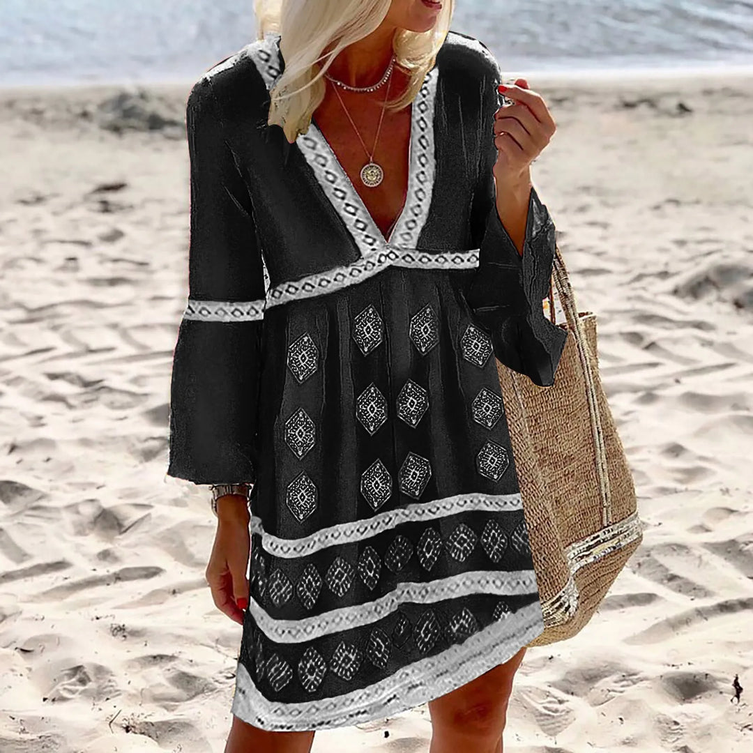 Women's Bohemian Dress - V-Neck Knee-Length - 3/4 Sleeve Loose Fit - Embroidered Casual Wear