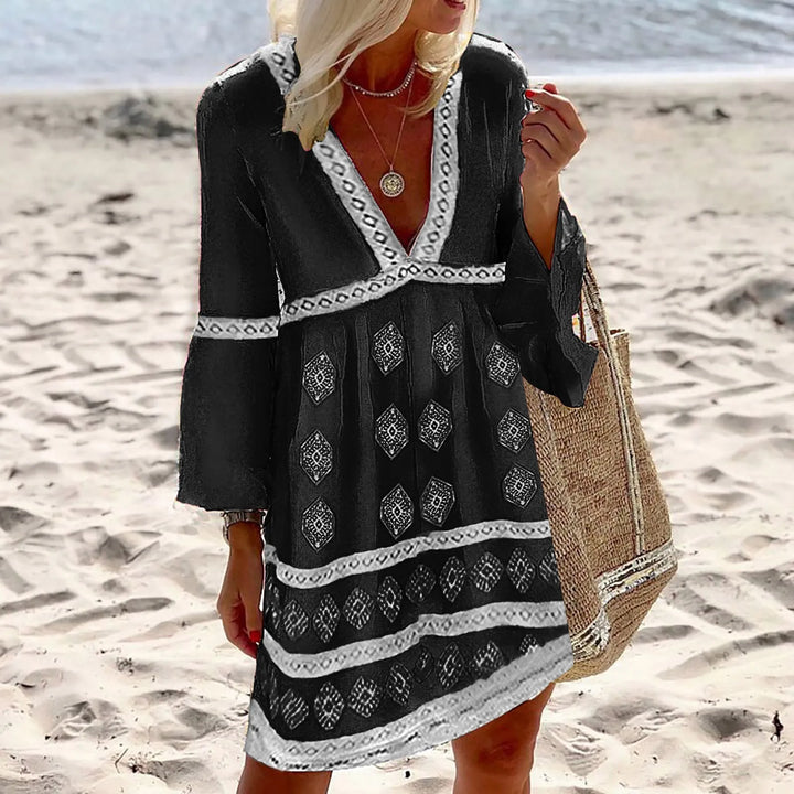 Women's Bohemian Dress - V-Neck Knee-Length - 3/4 Sleeve Loose Fit - Embroidered Casual Wear