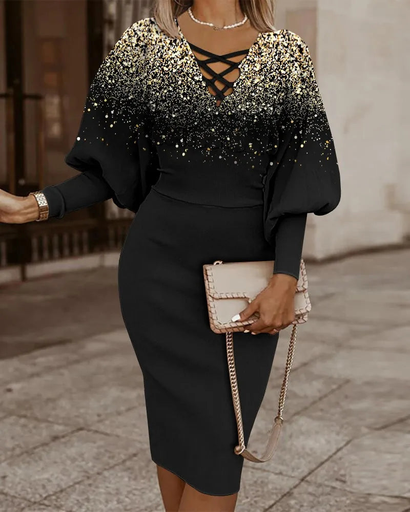 Women's Two-Piece Outfit - Geometric Pattern - Criss-Cross Neckline - Cinched Waist