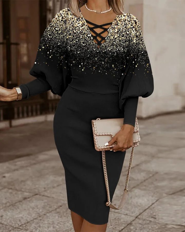 Women's Two-Piece Outfit - Geometric Pattern - Criss-Cross Neckline - Cinched Waist
