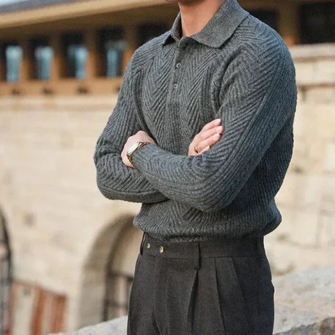 Men’s Knitted Sweater – Slim Fit – Cable Knit – Polo Collar – Long Sleeve