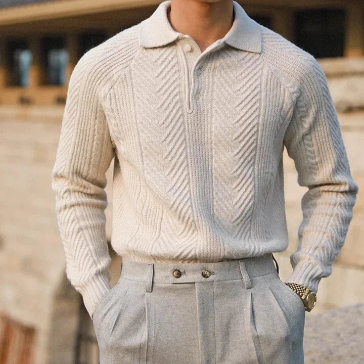Men’s Knitted Sweater – Slim Fit – Cable Knit – Polo Collar – Long Sleeve