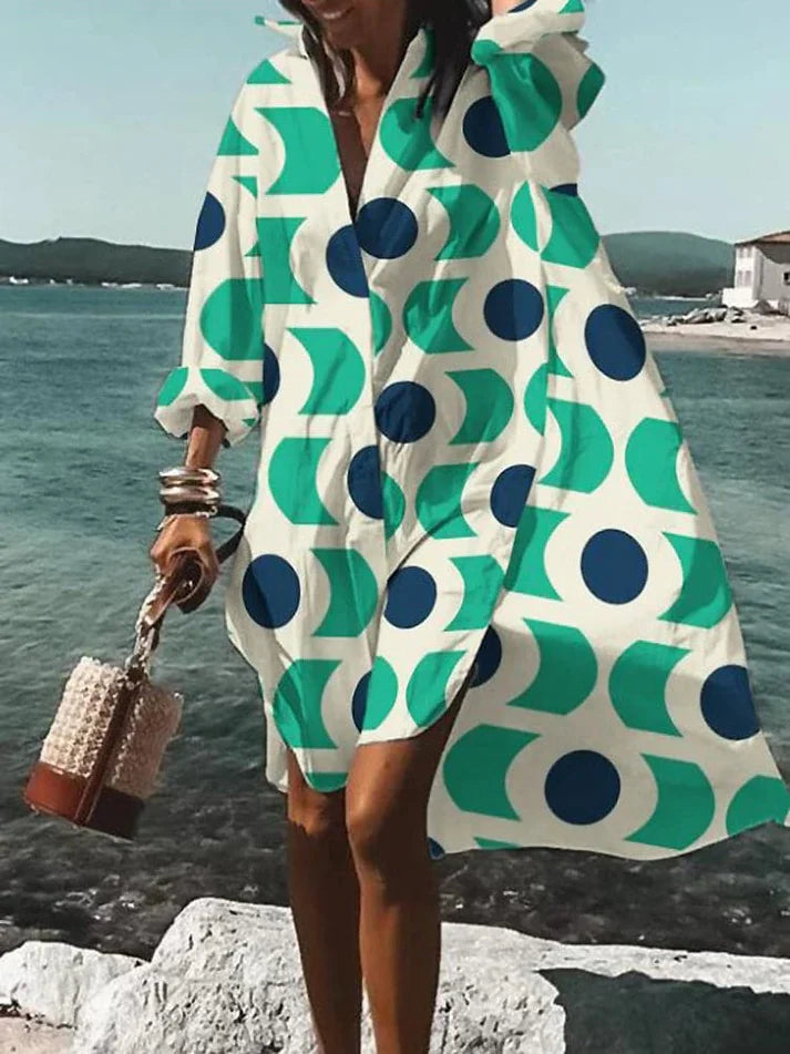 Women's Geometric Dress - Loose Fit - V-Neck - Long Sleeve Flowy Casual Wear