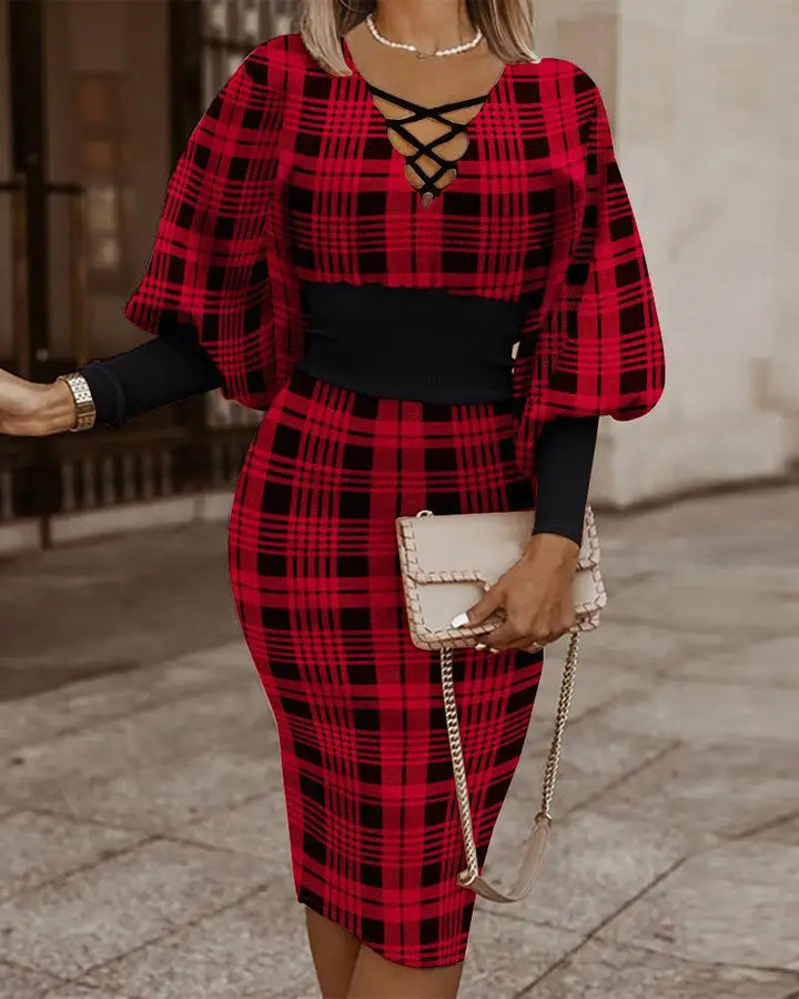 Women's Two-Piece Outfit - Geometric Pattern - Criss-Cross Neckline - Cinched Waist