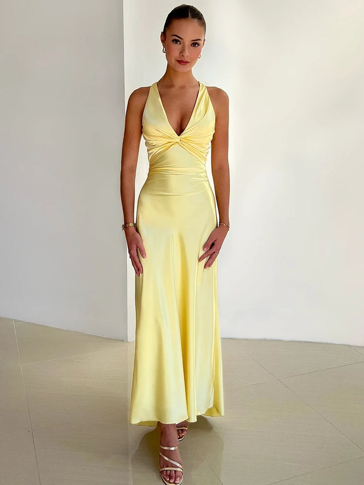 Women's Evening Gown - Satin Halter V-Neck - Twist Bust - Floor-Length Elegant Dress