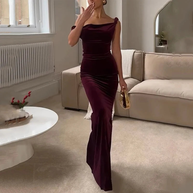 Women's Formal Gown - Velvet - Off-Shoulder - Floor-Length Elegant Evening Dress