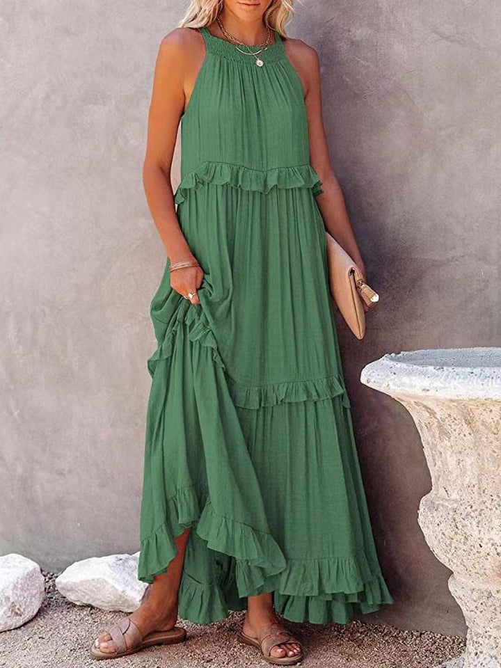 Women’s Maxi Dress – Flowing Fit – Halter Neck – Tiered Skirt – Natural Fibers