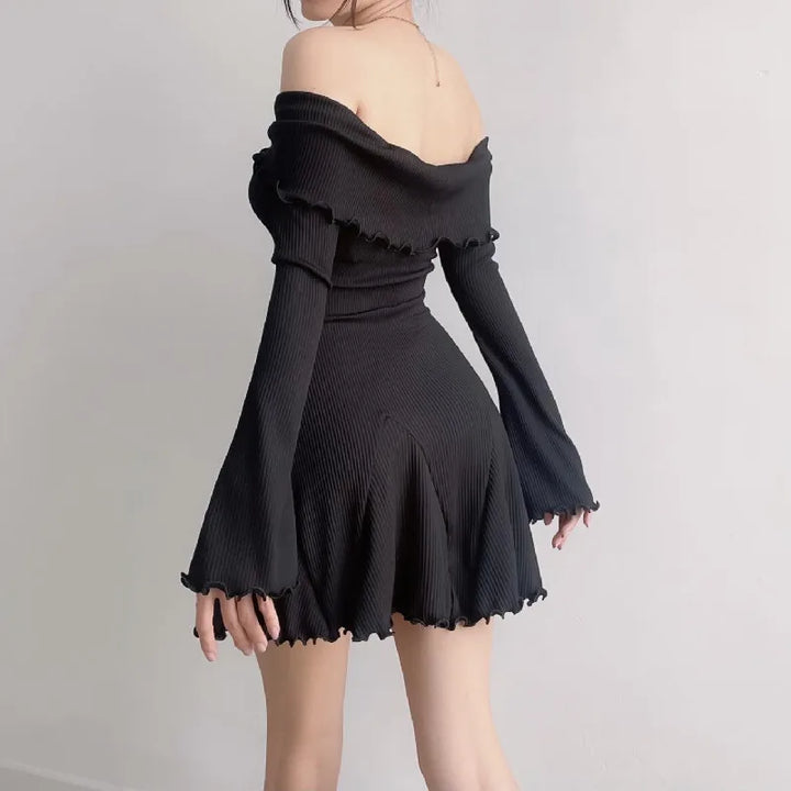 Women's Off-Shoulder Dress - Ribbed Texture - Long Sleeve - Flared Skirt - Ruffled Hem