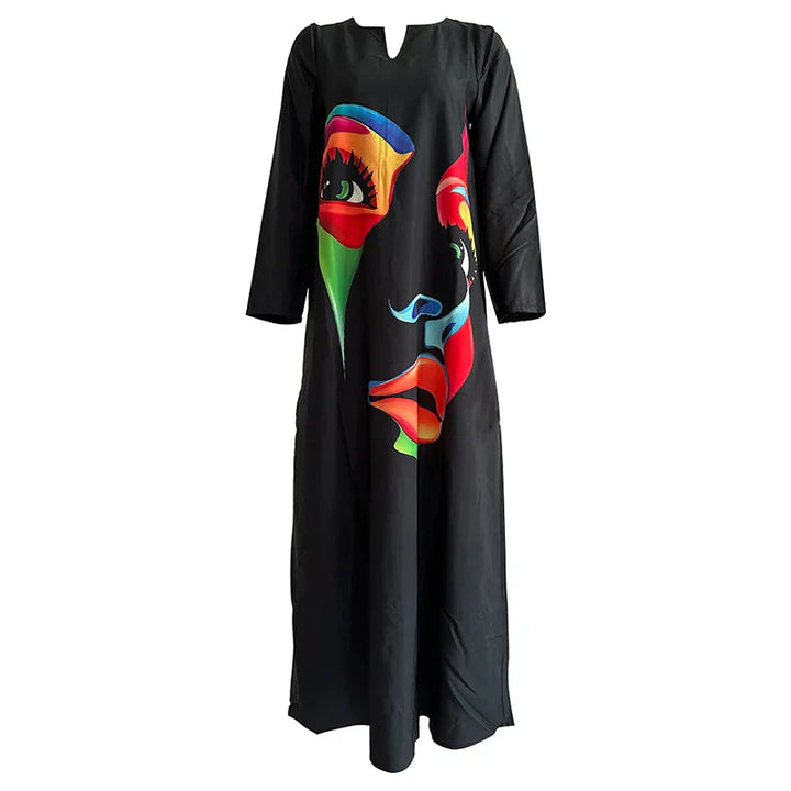 Women's Maxi Dress - Relaxed Fit - V-Neck - Long Sleeve - Abstract Face Print