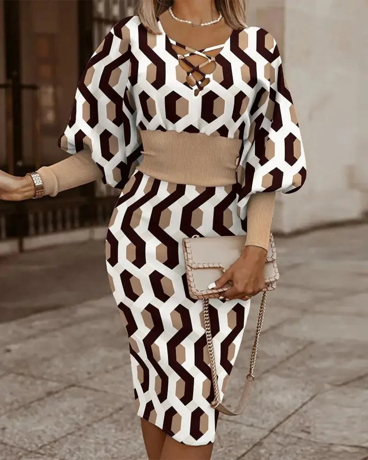 Women's Two-Piece Outfit - Geometric Pattern - Criss-Cross Neckline - Cinched Waist