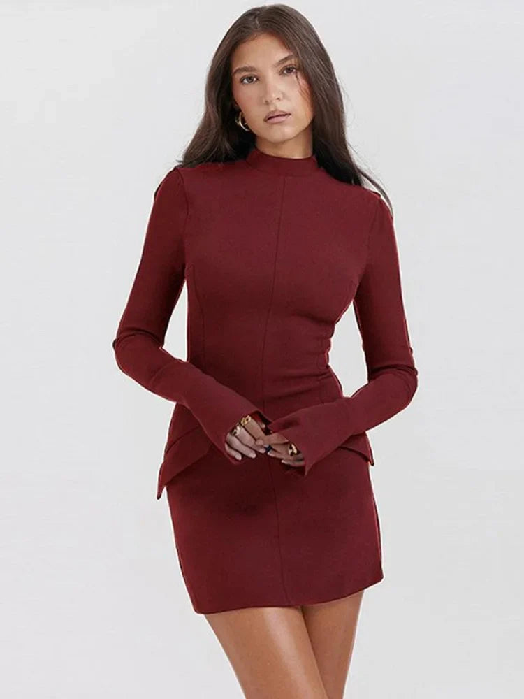 Women's Bodycon Dress - High Neck - Long Sleeve - Fitted Waist - Elegant Evening Wear