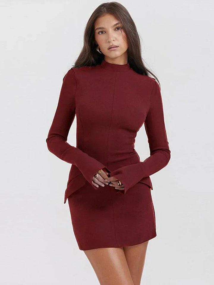 Women's Bodycon Dress - High Neck - Long Sleeve - Fitted Waist - Elegant Evening Wear