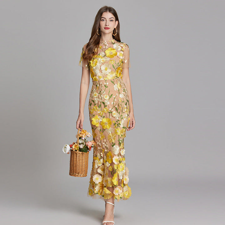 Women’s Maxi Dress – Fitted Silhouette – Embroidered Mesh – Sheer High Neckline