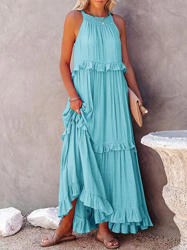 Women’s Maxi Dress – Flowing Fit – Halter Neck – Tiered Skirt – Natural Fibers