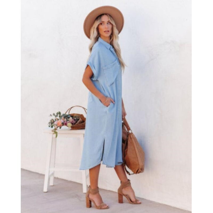 Women's Denim Shirtdress - Button Down - Rolled Short Sleeves - Relaxed Fit