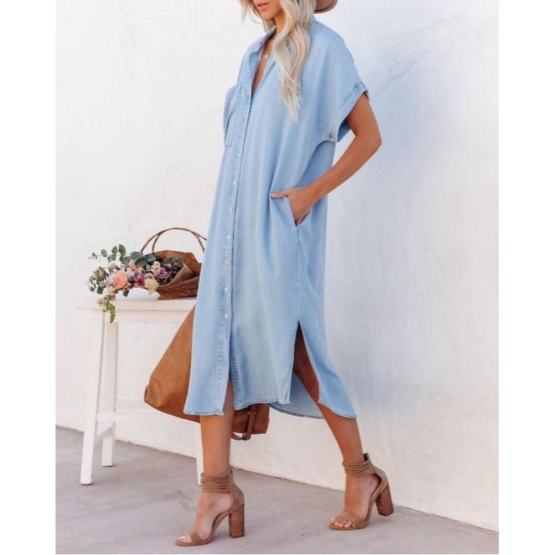 Women's Denim Shirtdress - Button Down - Rolled Short Sleeves - Relaxed Fit