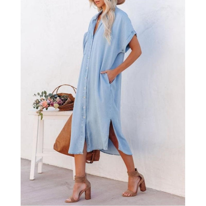 Women's Denim Shirtdress - Button Down - Rolled Short Sleeves - Relaxed Fit