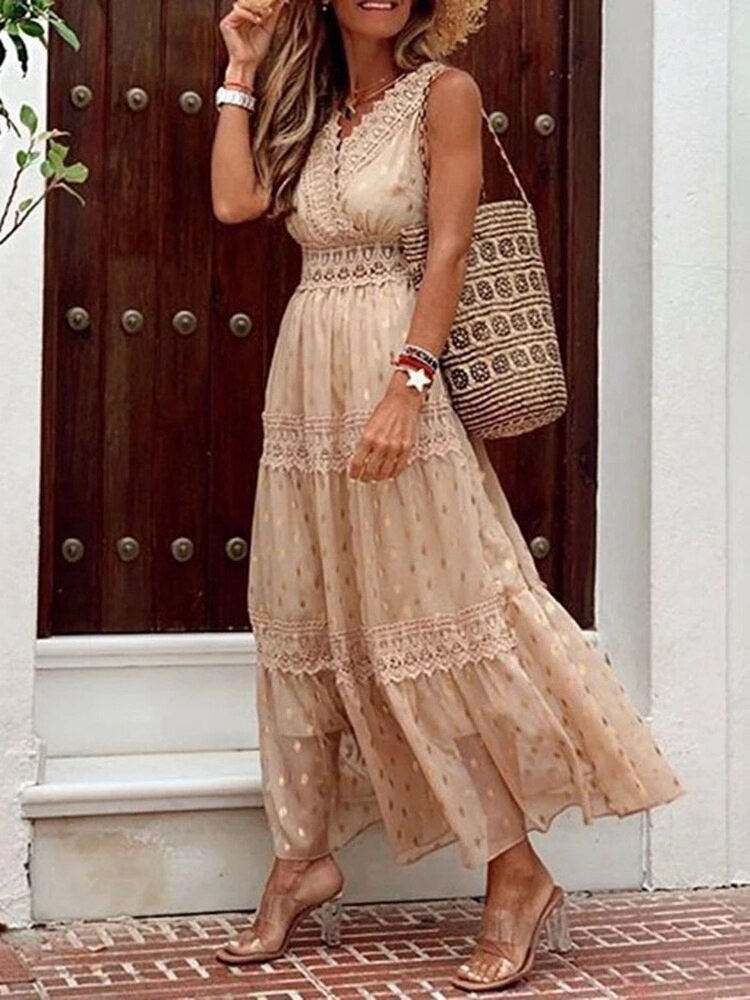 Women's Maxi Dress - Sleeveless Tiered Design - Lace Detailing - Flowy Boho Style