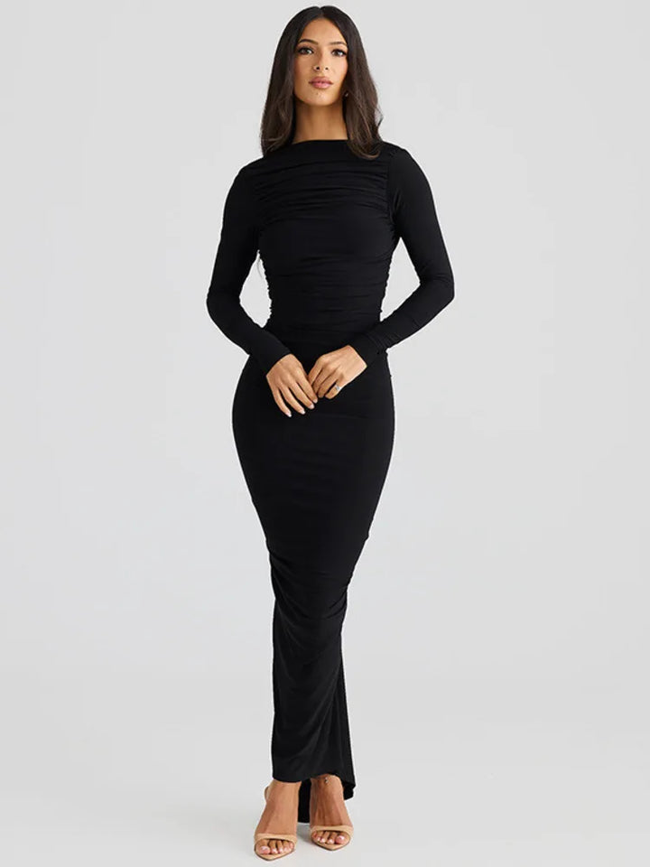 Women's Evening Gown - Long Sleeve - High Neck - Ruched Form-Fitting Elegance