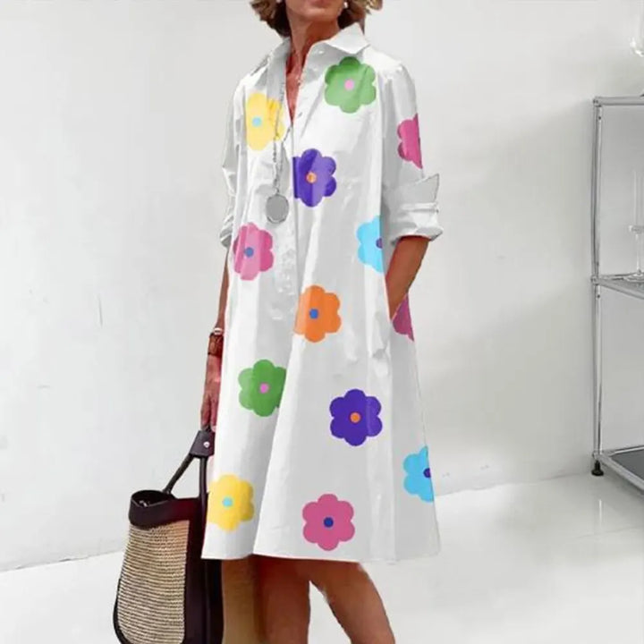 Women's A-Line Shirt Dress - Button Down - Long Sleeve - Classic Collar - Knee Length