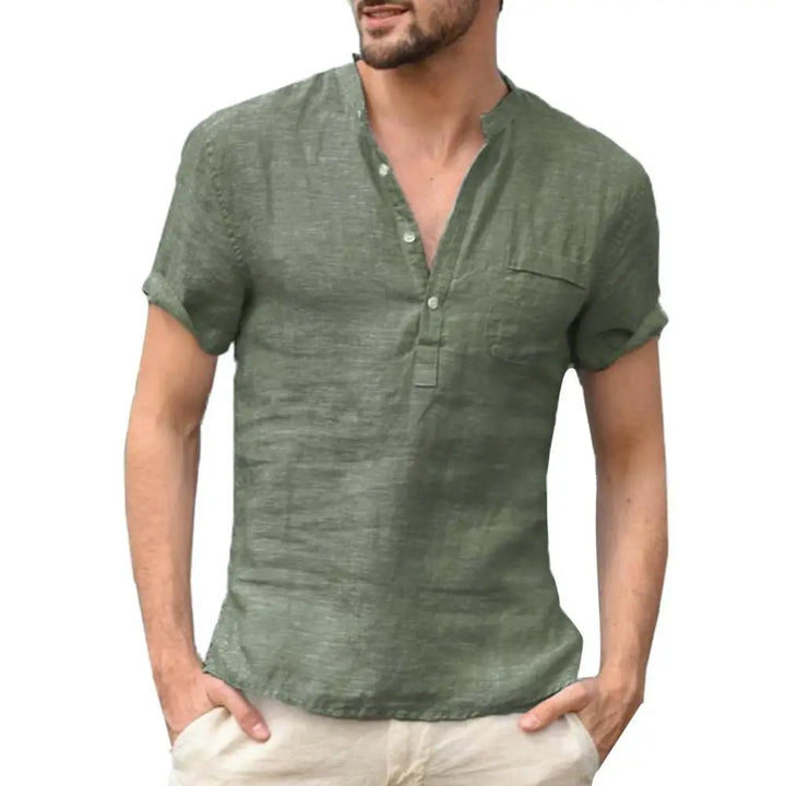 Men’s T-Shirt – Relaxed Fit – Natural Fibers – Short Sleeve – Button Placket – Chest Pocket