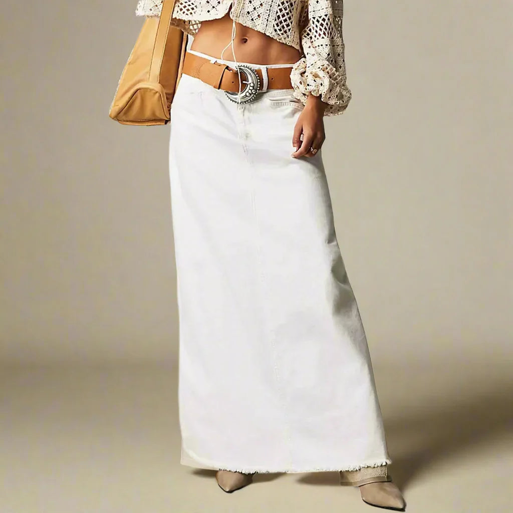 Women’s Denim Skirt – High Waist – Full Length – Straight Fit – Raw Hem – 5-Pocket Style