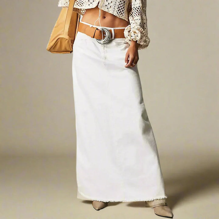 Women’s Denim Skirt – High Waist – Full Length – Straight Fit – Raw Hem – 5-Pocket Style