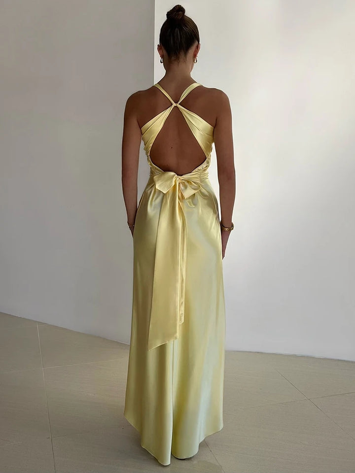Women's Evening Gown - Satin Halter V-Neck - Twist Bust - Floor-Length Elegant Dress