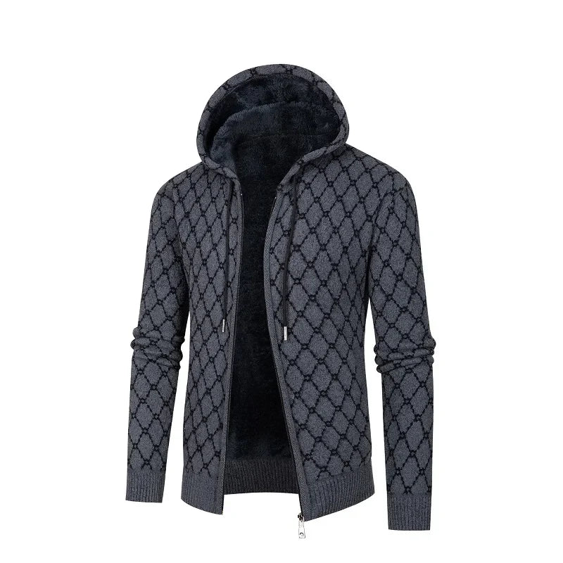 Men’s Zip-Up Hoodie – Plush Fleece Lining – Ribbed Trim – Textured Knit – Casual Fit