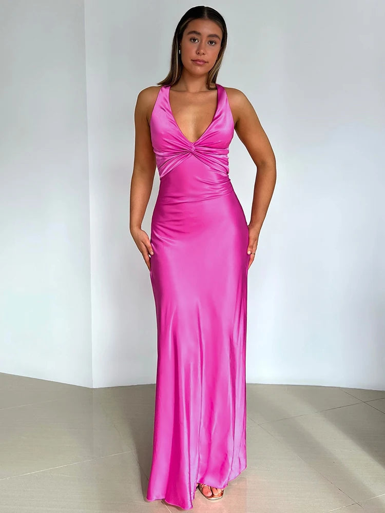 Women's Evening Gown - Satin Halter V-Neck - Twist Bust - Floor-Length Elegant Dress