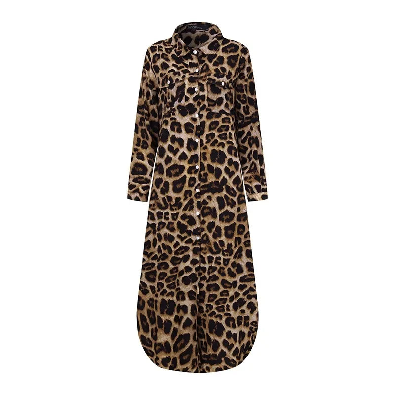 Women's Long Button-Down Dress - Leopard Print - Collared - Flowing Fit - Front Slit