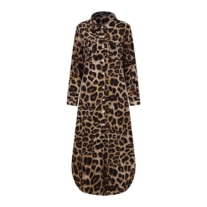 Women's Long Button-Down Dress - Leopard Print - Collared - Flowing Fit - Front Slit
