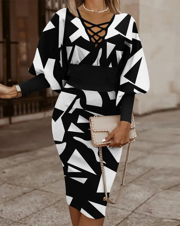 Women's Two-Piece Outfit - Geometric Pattern - Criss-Cross Neckline - Cinched Waist