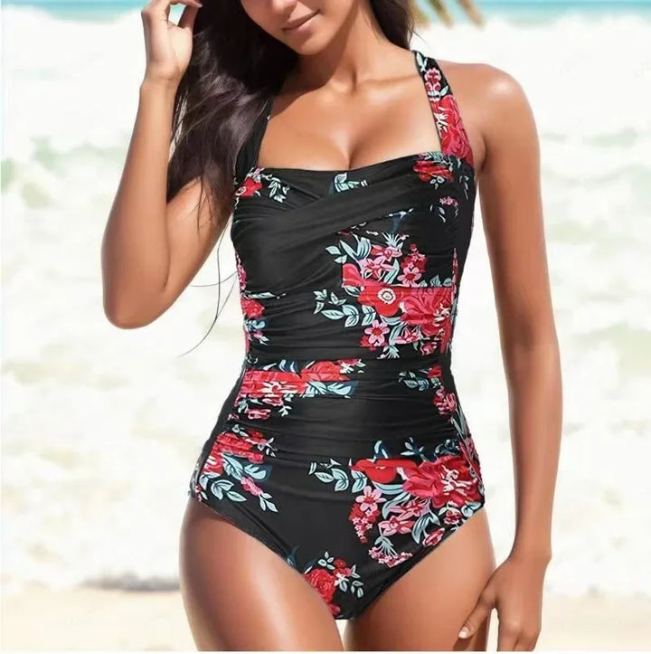 Women’s Monokini Swimsuit – Halter Neck – Ruched Front – Sleek Fit – Floral Pattern