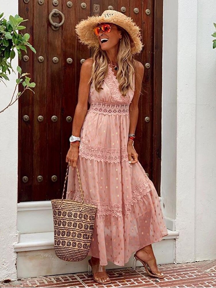 Women's Maxi Dress - Sleeveless Tiered Design - Lace Detailing - Flowy Boho Style