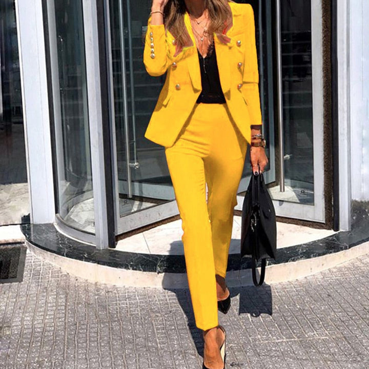 Women’s Blazer and Trousers Set - Tailored Fit - High Waist Slim Leg - Double-Breasted