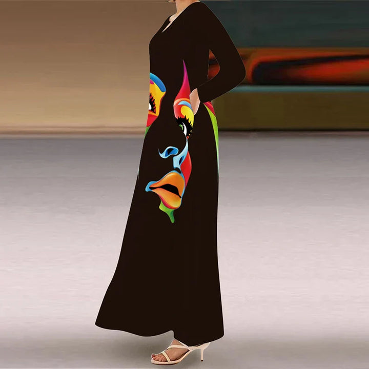 Women's Maxi Dress - Relaxed Fit - V-Neck - Long Sleeve - Abstract Face Print
