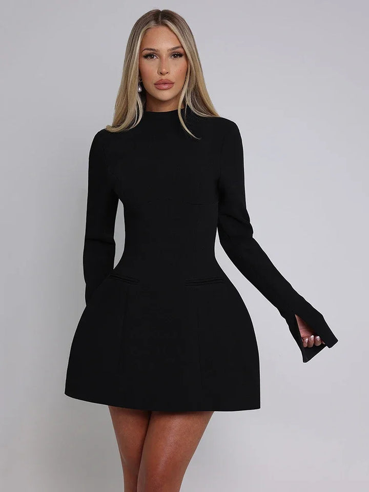 Women's Mini Dress - Long Sleeve - High Neck - Flared Cuffs - Elegant Fit