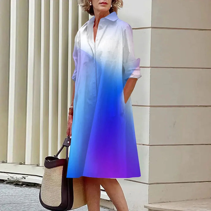 Women's A-Line Shirt Dress - Button Down - Long Sleeve - Classic Collar - Knee Length