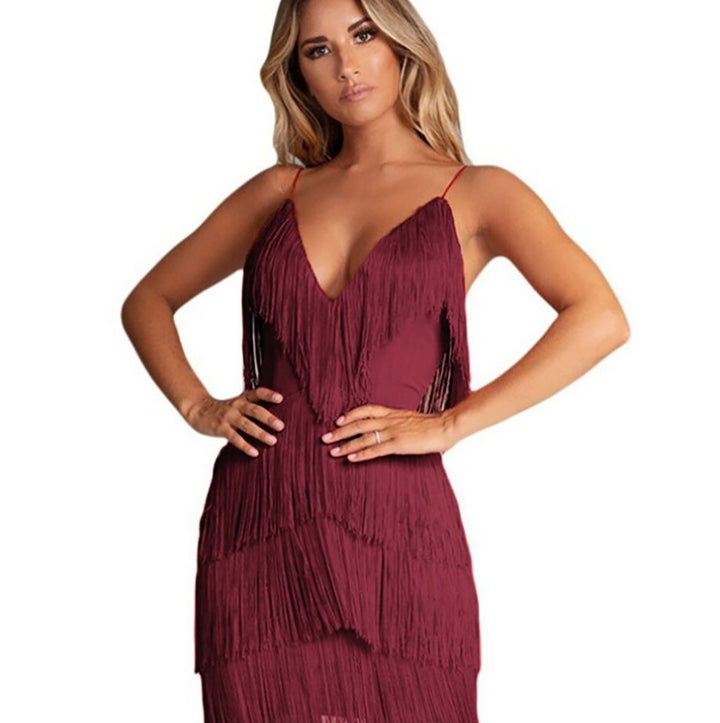 Women’s Mini Dress – Fringe Layered – Bodycon Fit – V-Neck Spaghetti Strap
