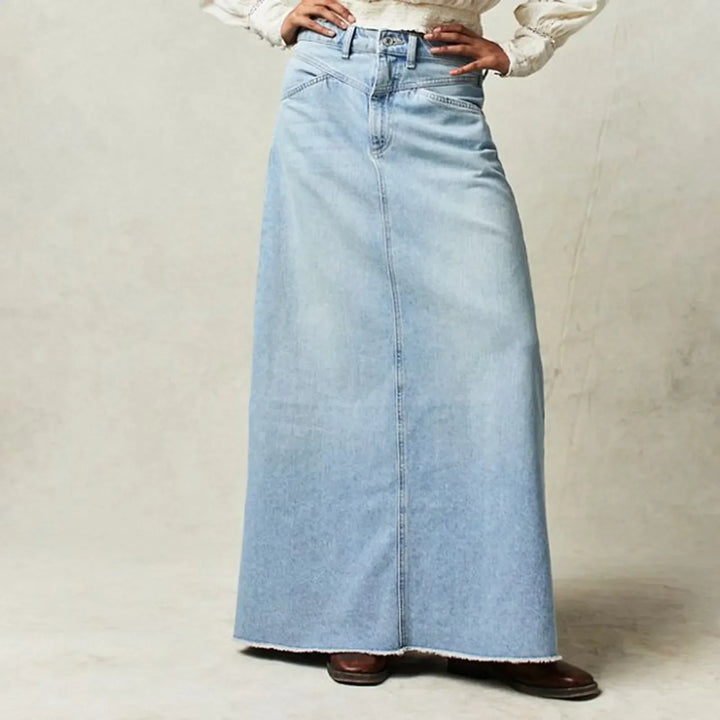 Women’s Denim Skirt – High Waist – Full Length – Straight Fit – Raw Hem – 5-Pocket Style