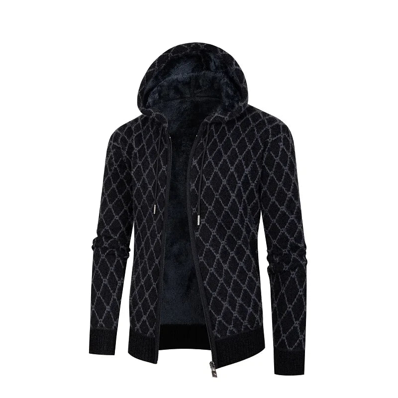 Men’s Zip-Up Hoodie – Plush Fleece Lining – Ribbed Trim – Textured Knit – Casual Fit