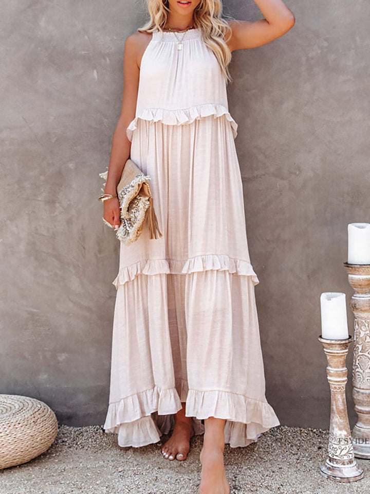 Women’s Maxi Dress – Flowing Fit – Halter Neck – Tiered Skirt – Natural Fibers