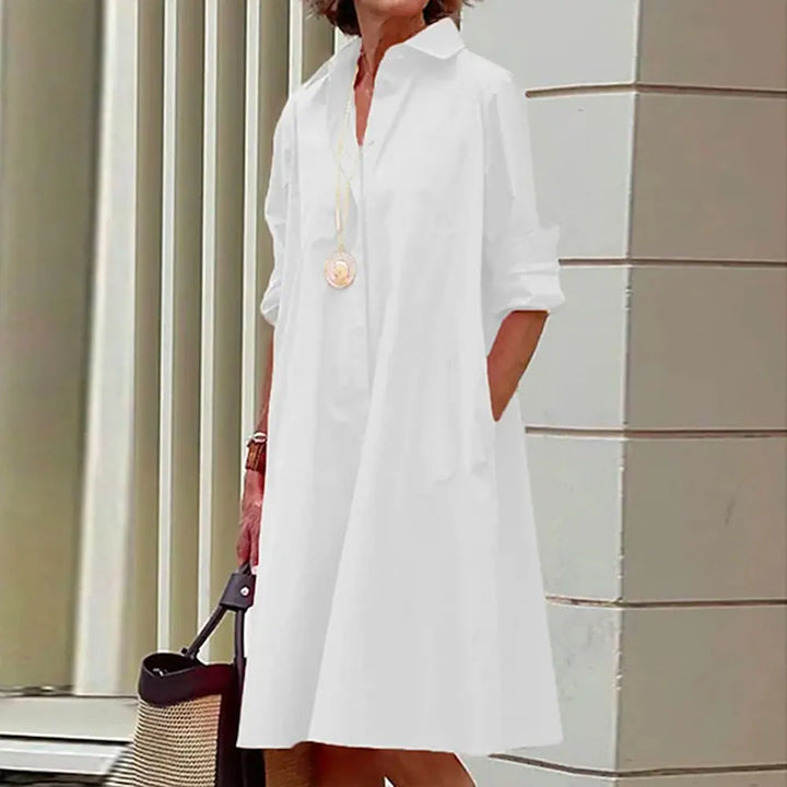 Women's A-Line Shirt Dress - Button Down - Long Sleeve - Classic Collar - Knee Length